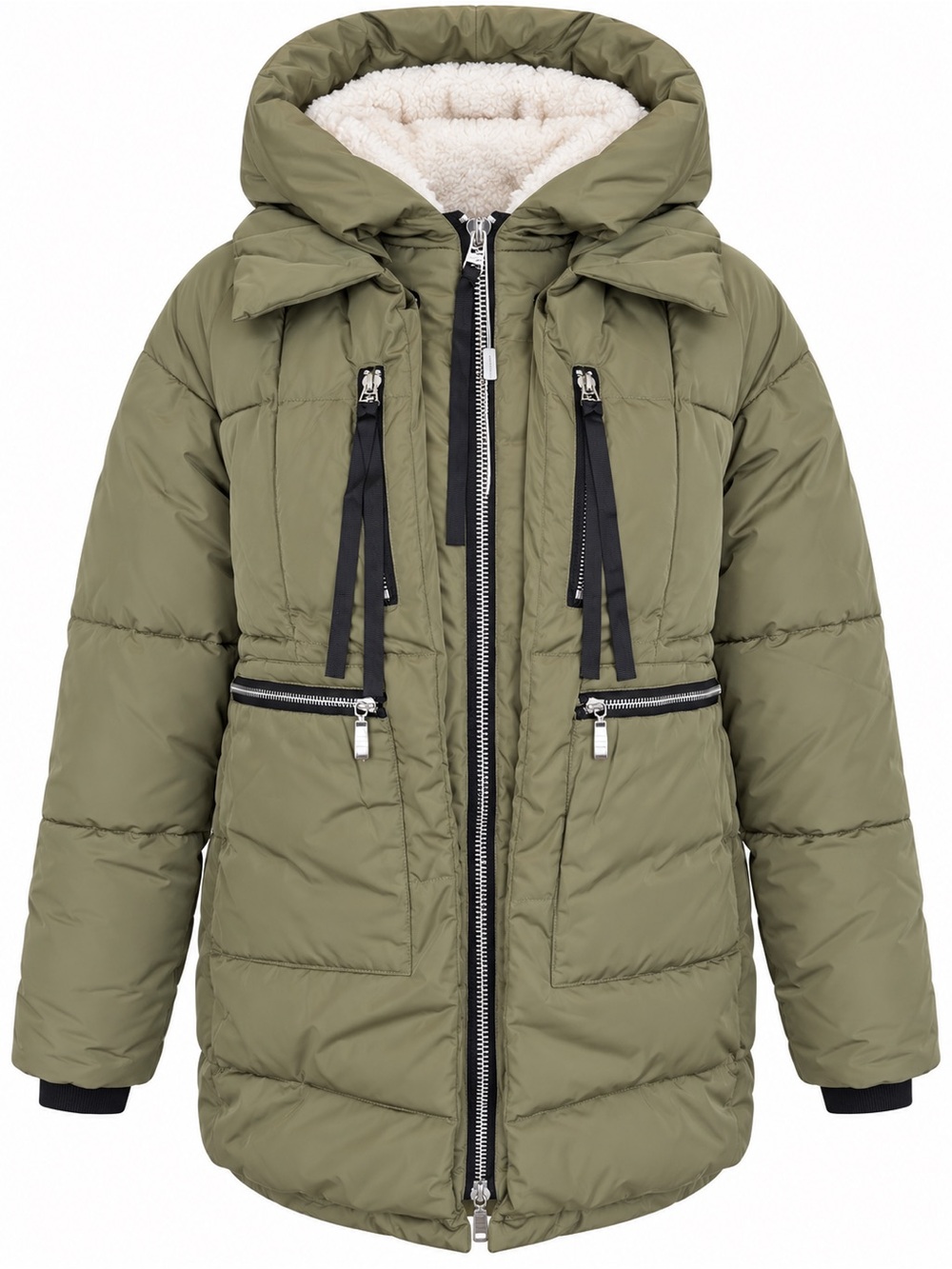 FADSHOW Women’s Olive Green Hooded Puffer Jacket Sherpa Lined Orange Lining M